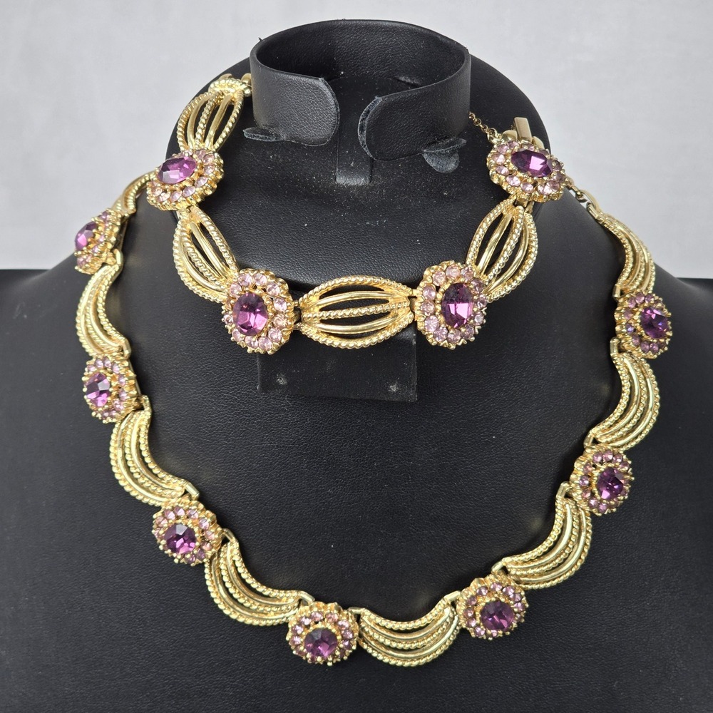 Coro Craft La Reine Book Piece Gold Tone Purple Rhinestone Necklace & Bracelet